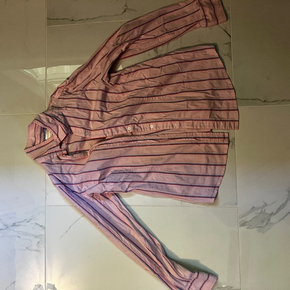 Pink striped button-down maternity shirt